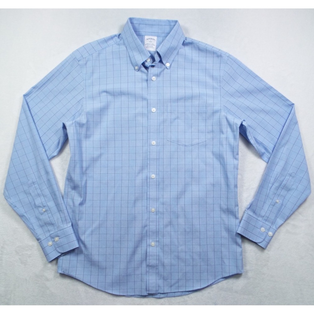 Brooks Brothers Dress Shirt Mens Size Small Blue Plaid Button Down Stretch 1818
